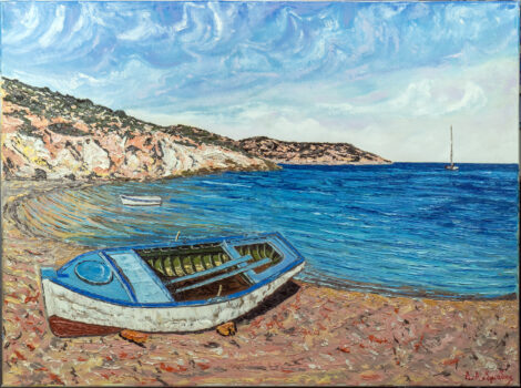 Astypalaia - a Greek Aegean island, a boat on a sandy beach.